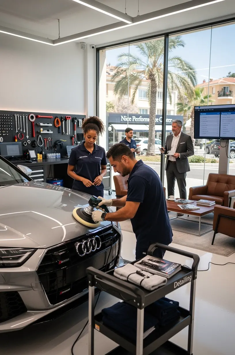 Vue extérieure d'un centre de service automobile haut de gamme spécialisé dans les marques européennes prestigieuses